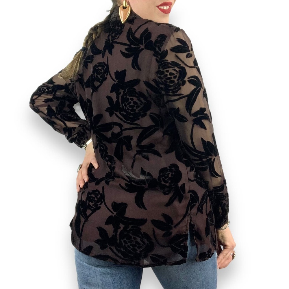 90's brown silk button down blouse with black velvet roses and sheer sleeves - Picture 11 of 16